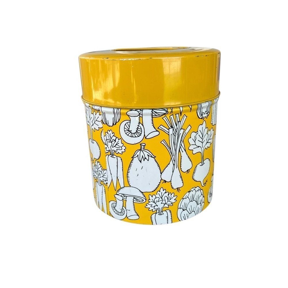 Vintage Vegetable Yellow Tin Canister OMC Japan Mushrooms Asparagus Carrots